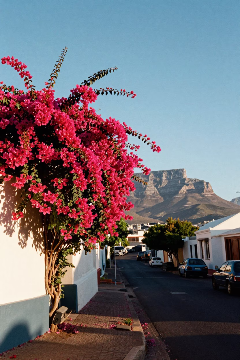 Vibrant Cape Town Street Scene with Bougainvillea and Table Mountain Views in in Cape Town, South Africa