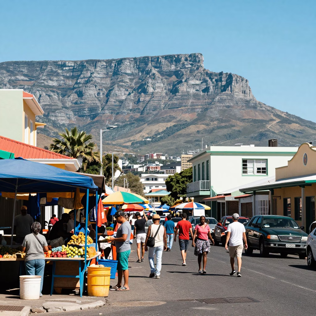Vibrant Cape Town Street Scene with Local Market Stalls and Colorful Beaded Sandals Display in in Cape Town, South Africa