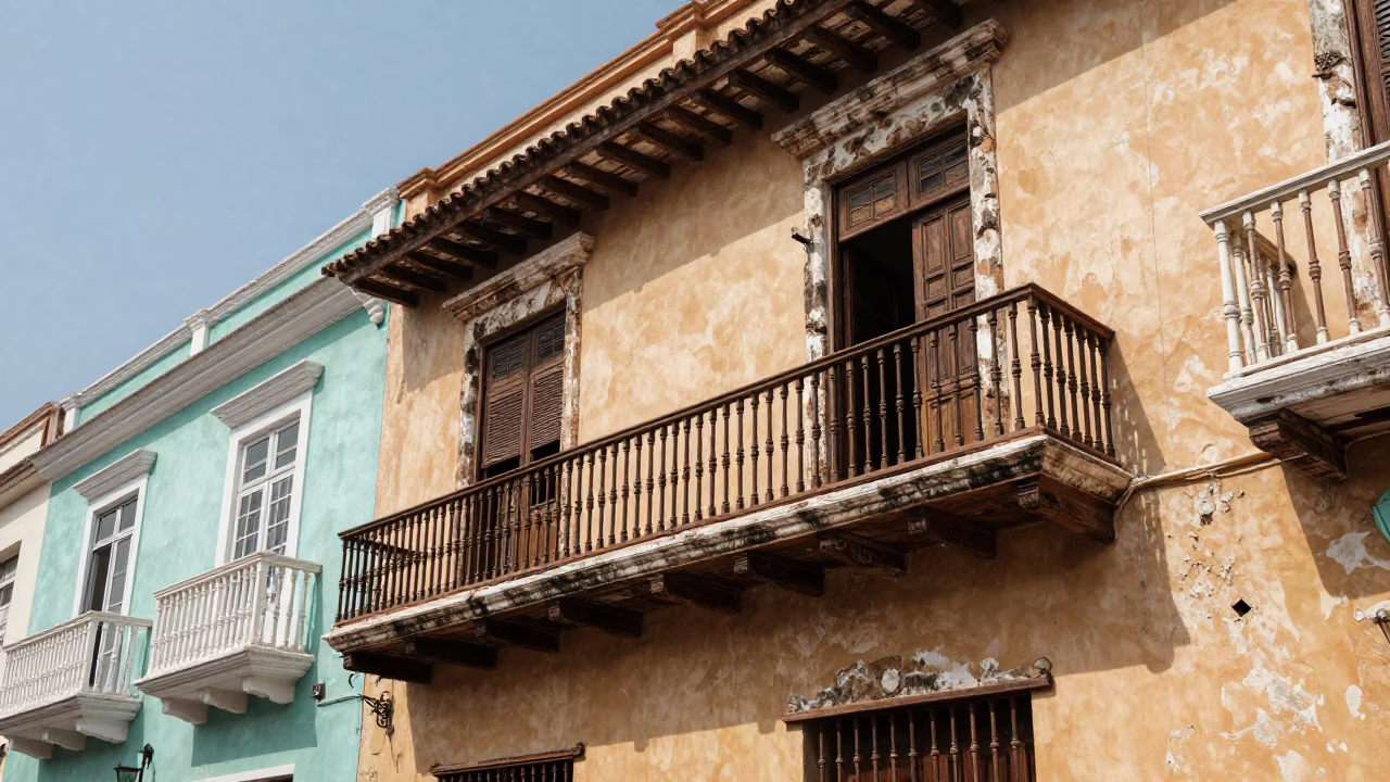 Vibrant Cartagena Colombia Colonial Balcony Street Scene Under Flat Noon Sun in in Cartagena, Colombia