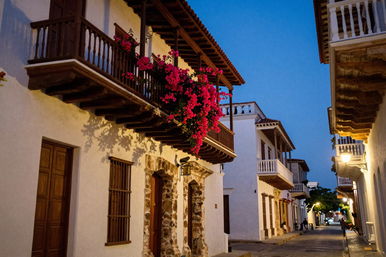 Vibrant Cartagena Colombia Evening Street Scene with Colorful Colonial Balconies and Bougainvillea in in Cartagena, Colombia