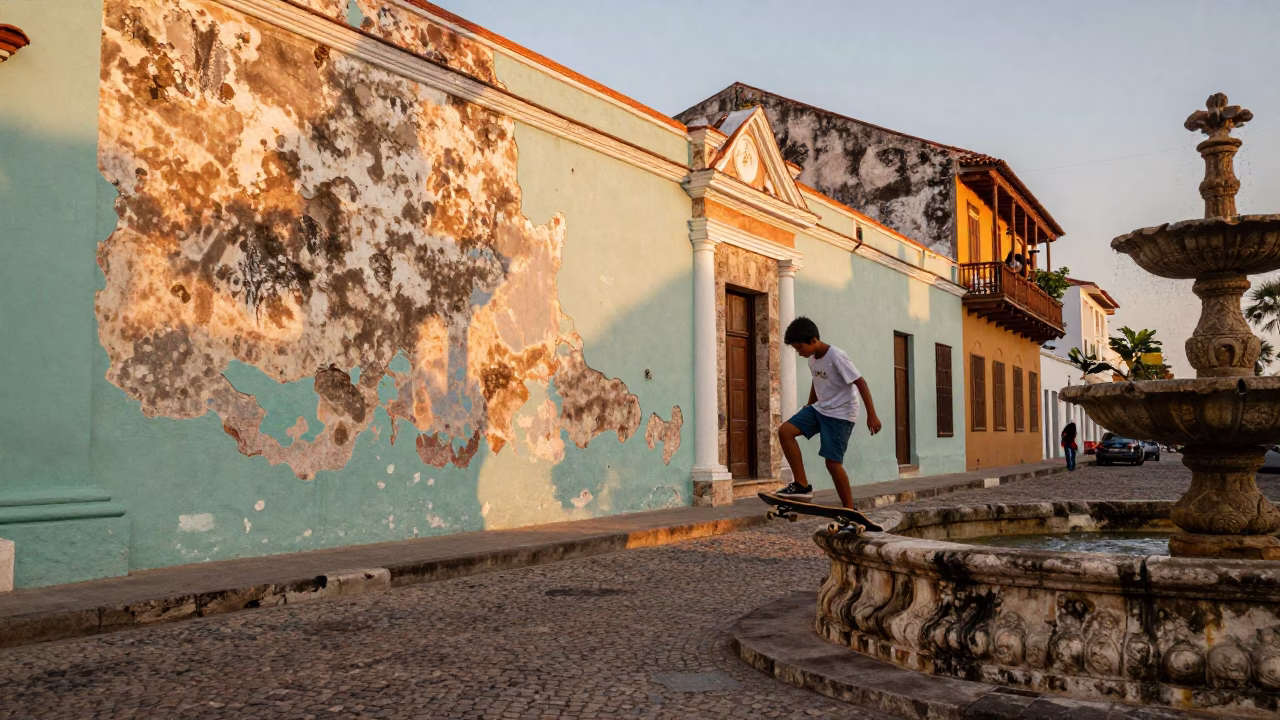 Vibrant Cartagena Colombia Evening Street Scene with Skateboard and Historic Architecture in in Cartagena, Colombia