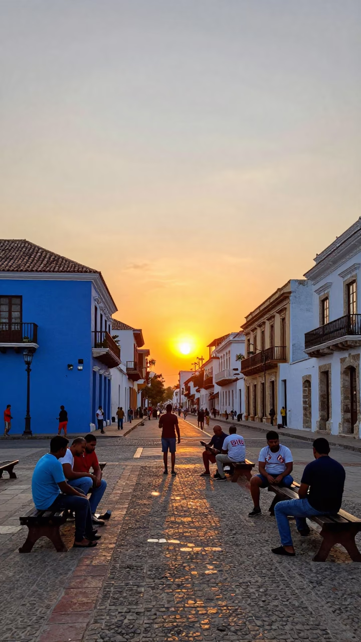Vibrant Cartagena Colombia Street Scene at Sunset with Domino Players and Colorful Colonial Architecture in in Cartagena, Colombia