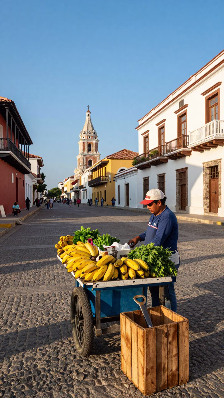 Vibrant Cartagena Colombia Street Scene Late Afternoon Light with Local Commerce in in Cartagena, Colombia