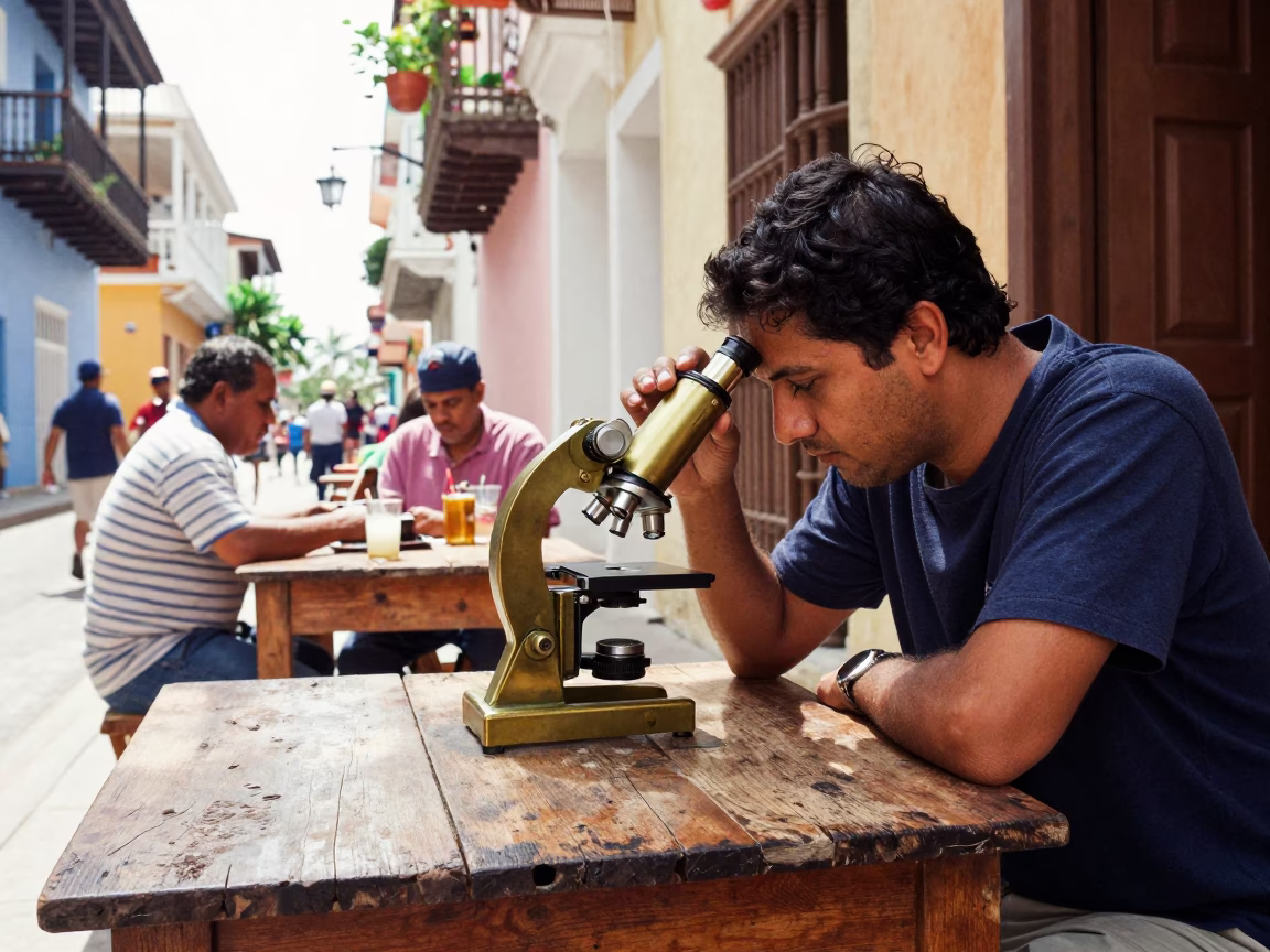 Vibrant Cartagena Colombia Street Scene with Antique Brass Microscope on Wooden Desk in in Cartagena, Colombia
