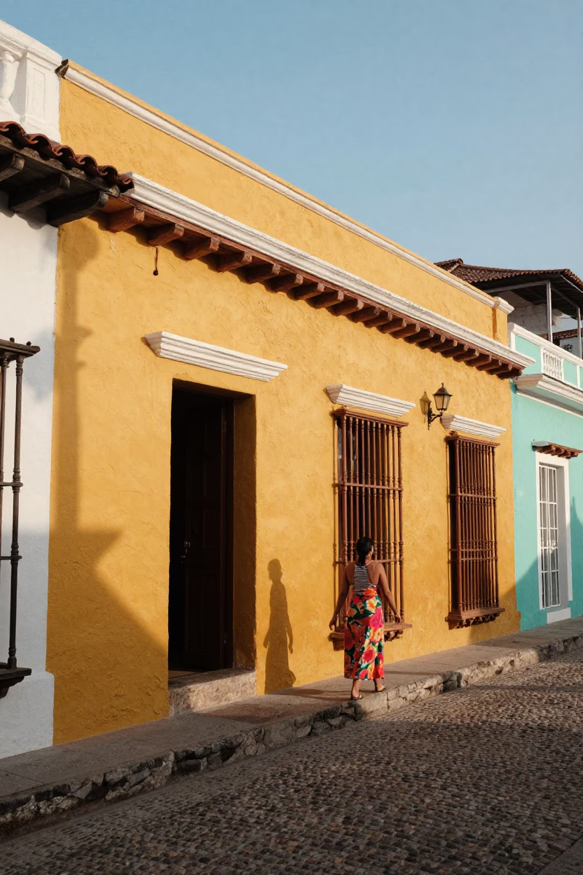 Vibrant Cartagena Colombia Street Scene with Colorful Colonial Architecture and Morning Light in in Cartagena, Colombia