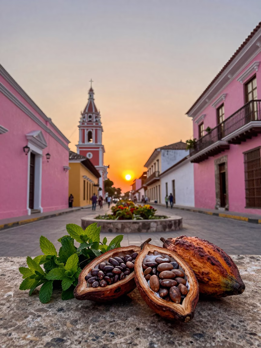 Vibrant Cartagena Colombia Sunset Street Scene with Cocoa Pods and Mint Leaves in in Cartagena, Colombia