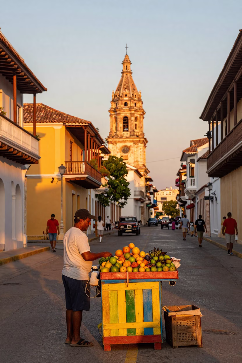 Vibrant Cartagena Colombia Sunset Street Scene with Colorful Painted Crate and Local Market Activity in in Cartagena, Colombia