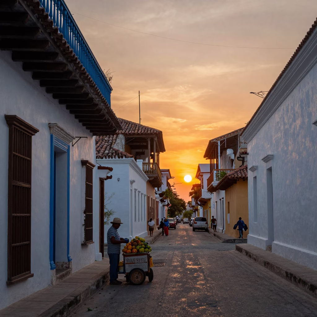 Vibrant Cartagena Colombia Sunset Street Scene with Fruit Vendor and Colonial Architecture in in Cartagena, Colombia