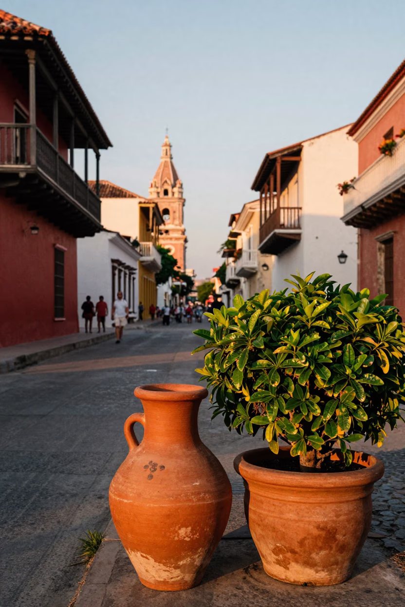 Vibrant Cartagena Street Scene at Sunset with Clay Pot and Plant Pot in in Cartagena, Colombia