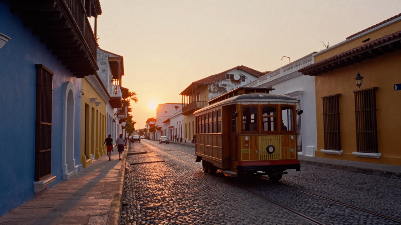 Vibrant Cartagena Street Scene at Sunset with Vintage Trolley and Colonial Architecture in in Cartagena, Colombia