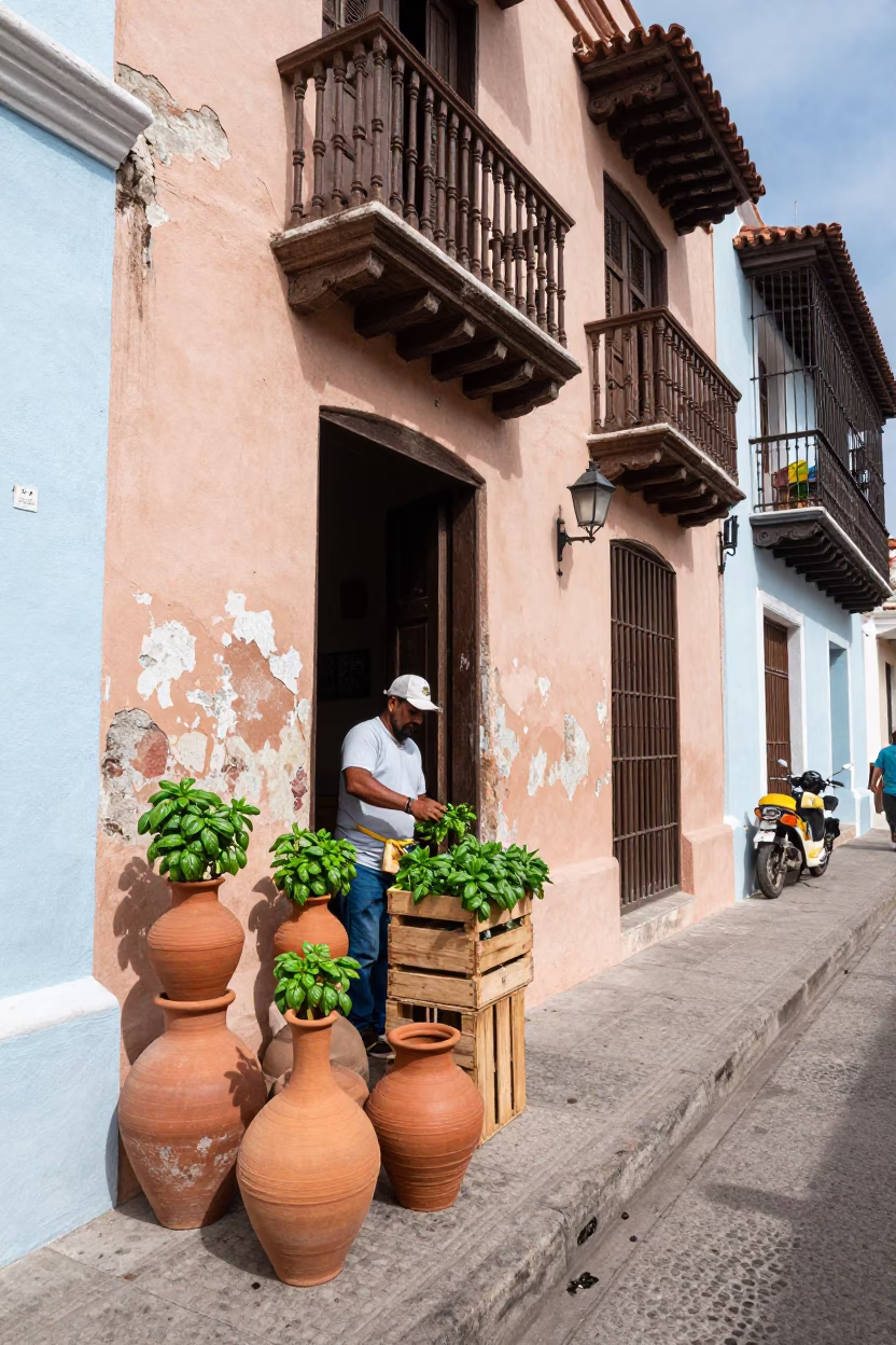 Vibrant Cartagena Street Scene with Clay Pots and Basil at Midday in in Cartagena, Colombia