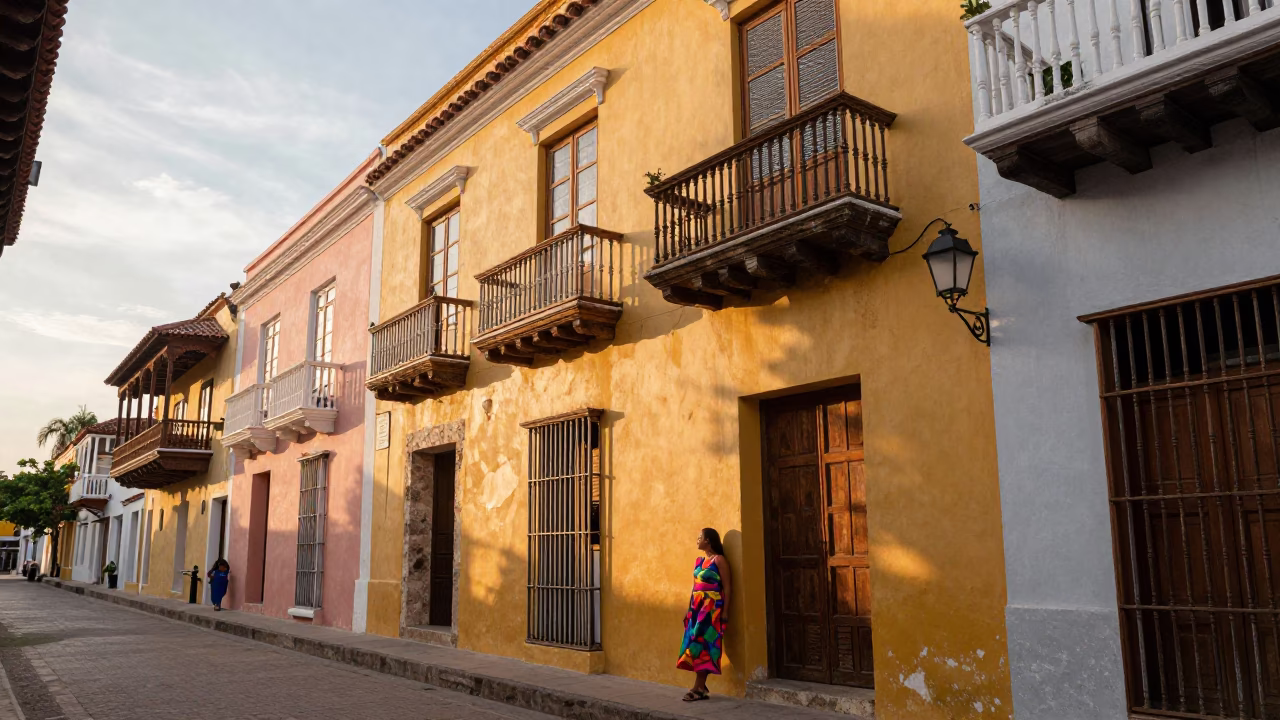 Vibrant Cartagena Street Scene with Colonial Architecture and Tropical Flowers at Sunset in in Cartagena, Colombia