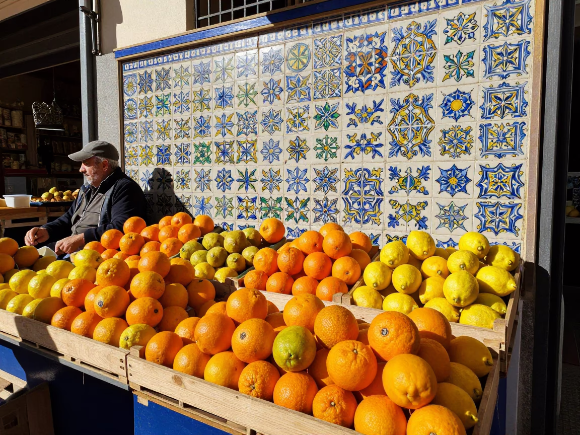 Vibrant Ceramic Tile Wall and Fruit Stall in Granada Spain in in Granada, Spain