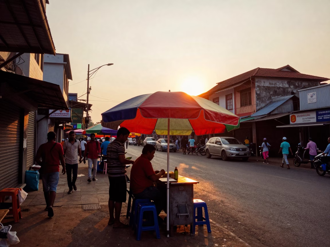 Vibrant Chennai Street Scene at Sunset with Colorful Umbrella Stand and Basket in in Chennai, India