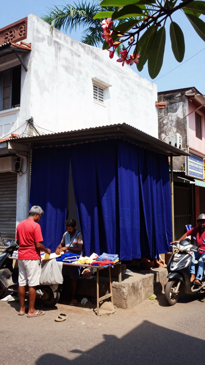 Vibrant Chennai Street Scene with Indigo Fabric and Tropical Flowers at Midday in in Chennai, India