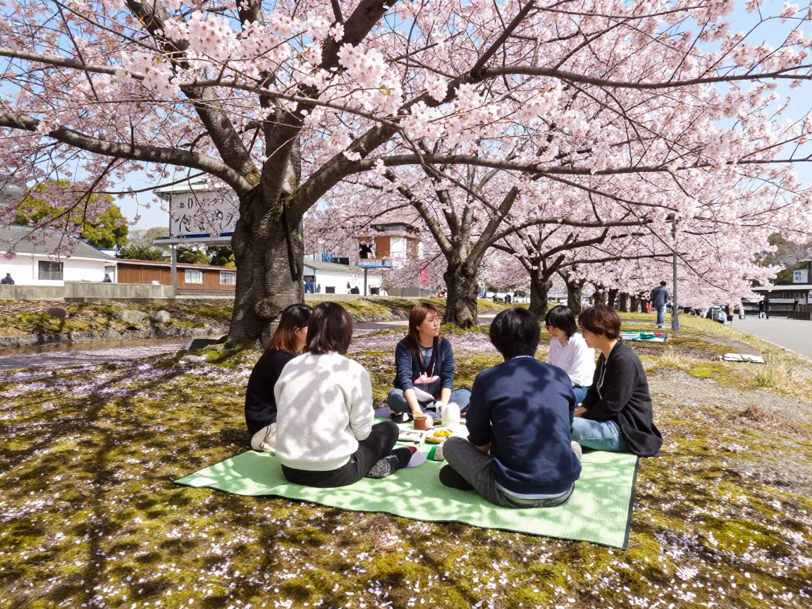 Vibrant Cherry Blossom Picnic in Kyoto Japan During Bright Midmorning Light in in Kyoto, Japan