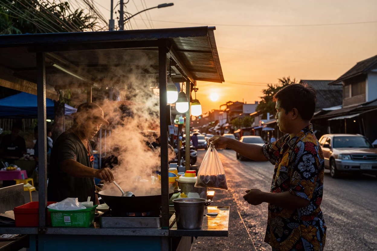 Vibrant Chiang Mai Street Food Stall at Sunset with Condensation and Local Interaction in in Chiang Mai, Thailand