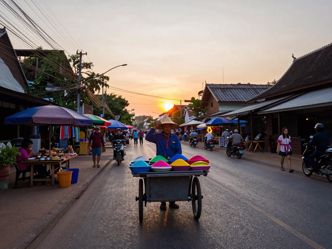 Vibrant Chiang Mai Street Scene at Sunset with Local Vendor and Straw Hat in in Chiang Mai, Thailand