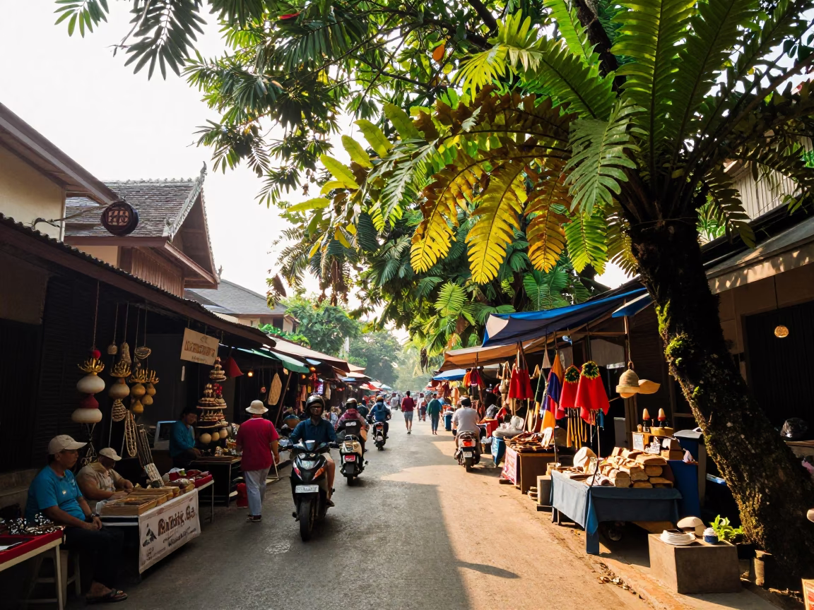 Vibrant Chiang Mai Street Scene with Local Crafts and Traditional Architecture in in Chiang Mai, Thailand