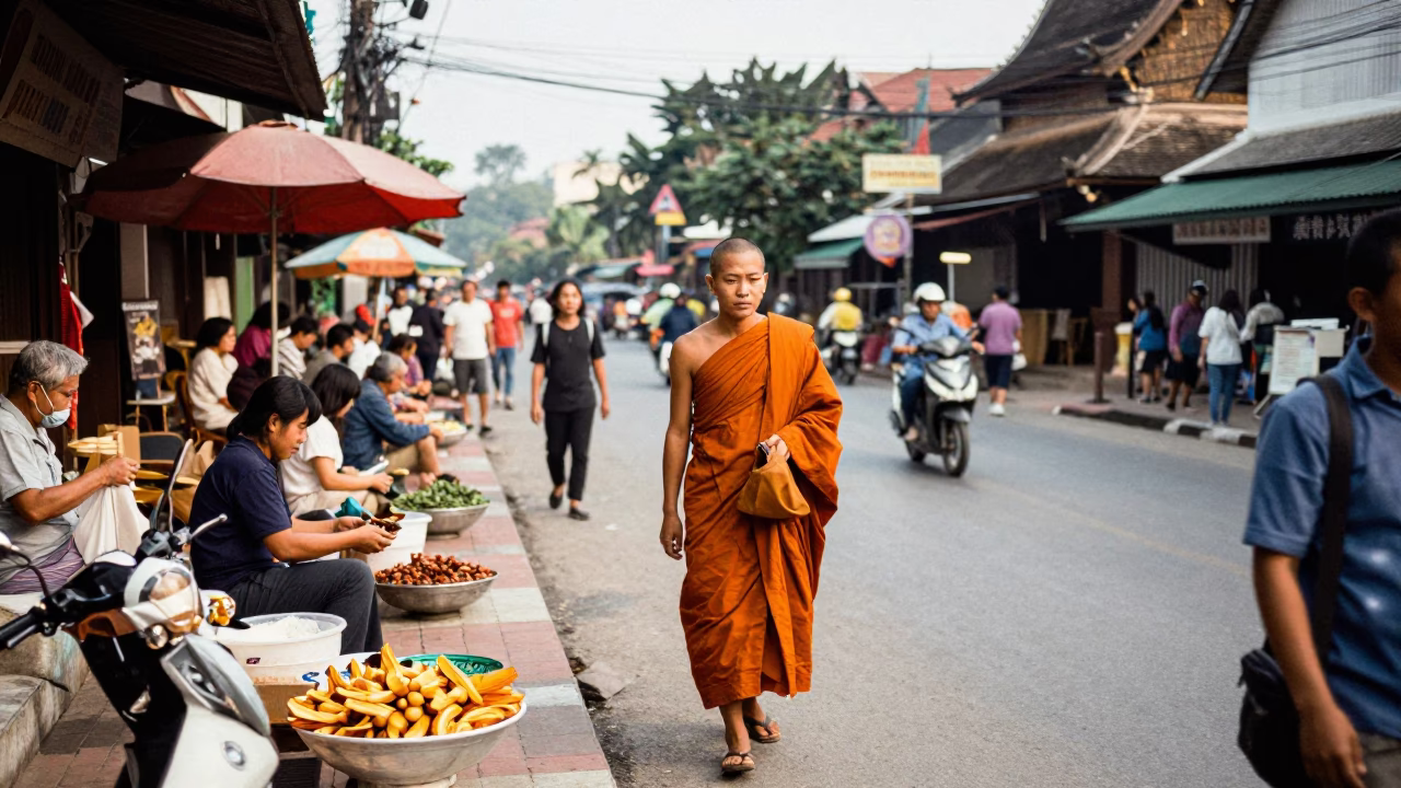 Vibrant Chiang Mai Street Scene with Monk Alms and Local Market Activity in in Chiang Mai, Thailand
