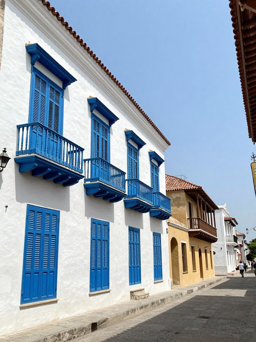 Vibrant Colonial Architecture and Lively Street Scene in Historic Cartagena Colombia at High Noon in in Cartagena, Colombia