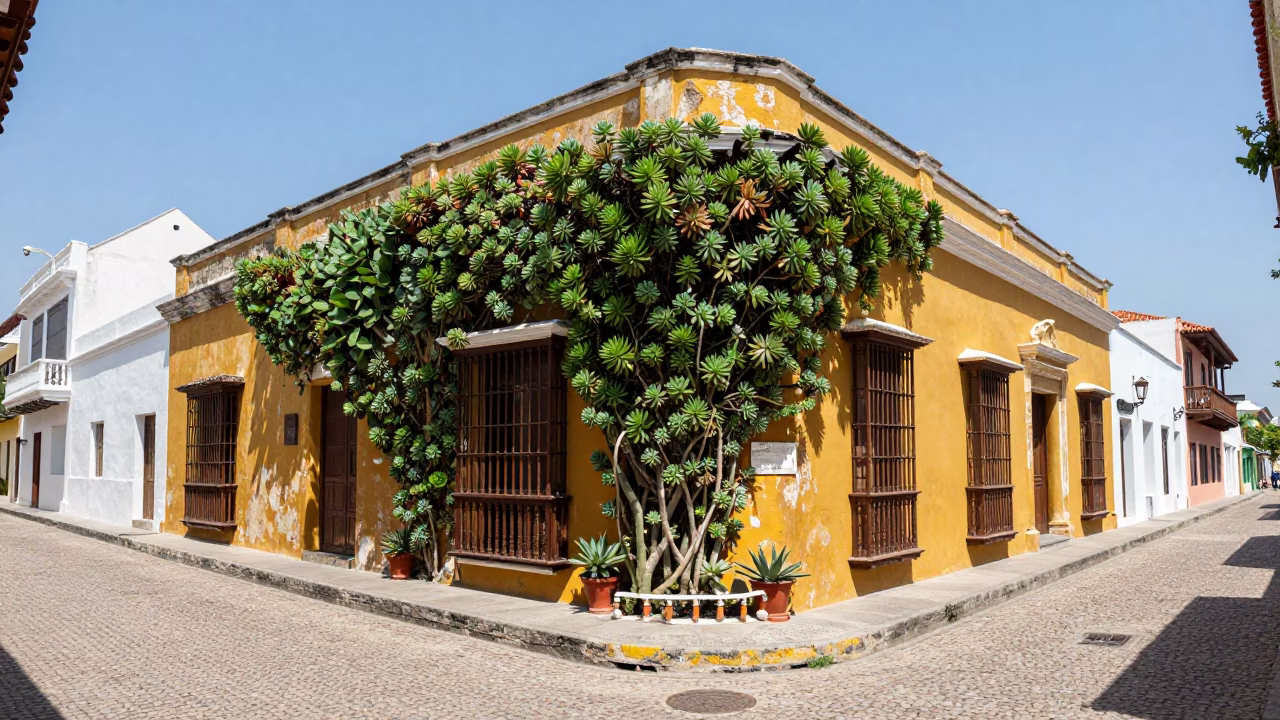 Vibrant Colonial Street Scene in Cartagena Colombia Midday with Living Wall and Casual Pedestrians in in Cartagena, Colombia