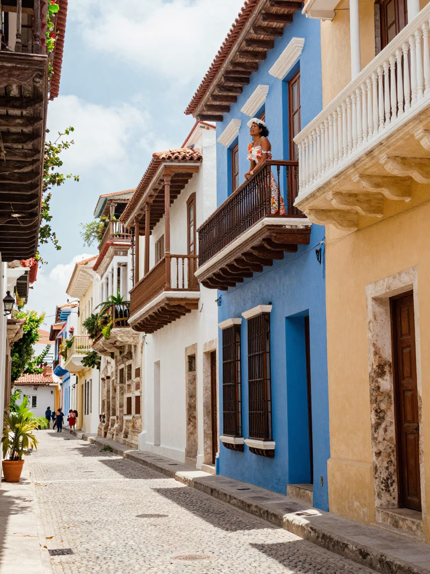 Vibrant Colonial Street Scene in Cartagena Colombia with Colorful Balconies and Busy Market Activity in in Cartagena, Colombia