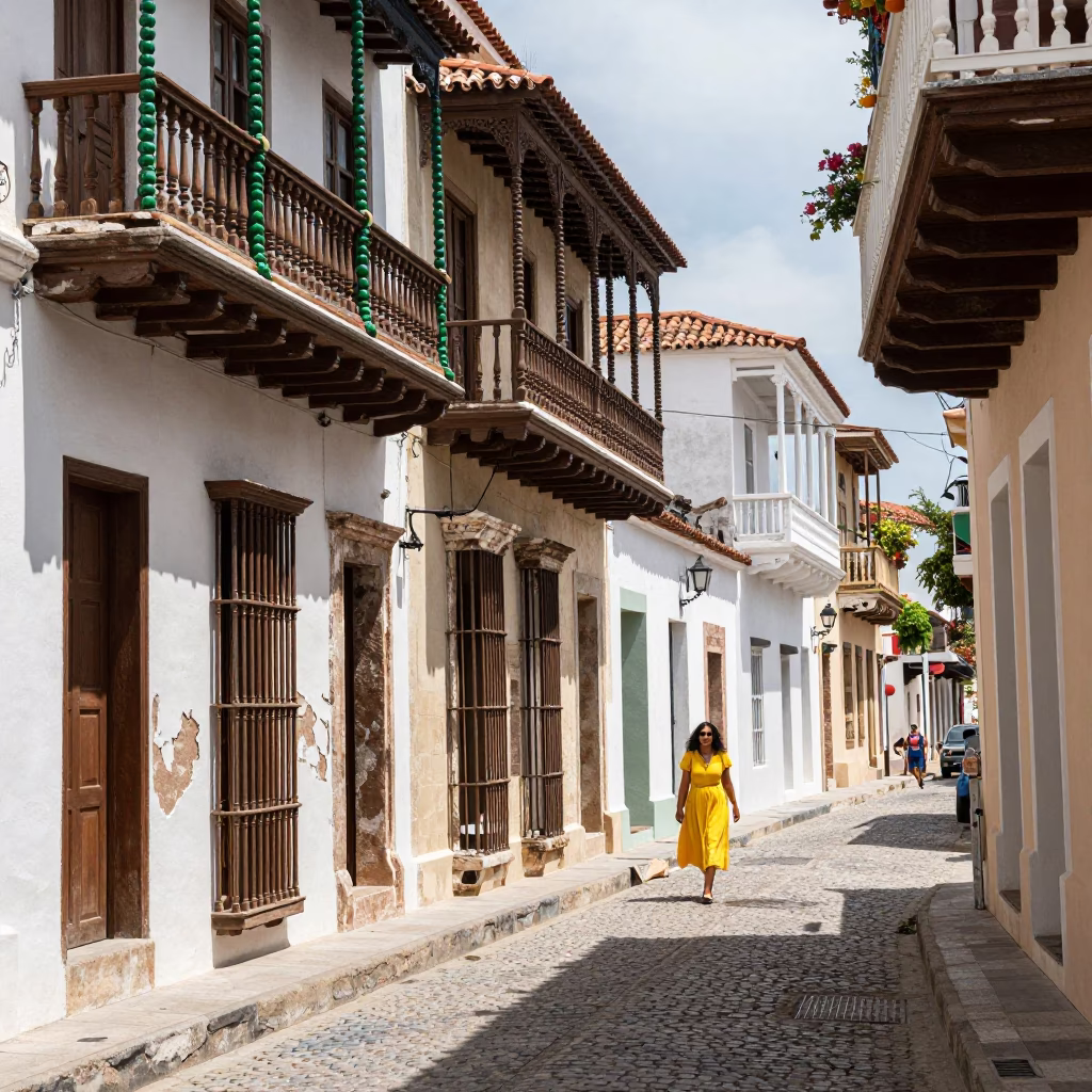 Vibrant Colonial Street Scene in Cartagena Colombia with Colorful Balconies and Local Life in in Cartagena, Colombia
