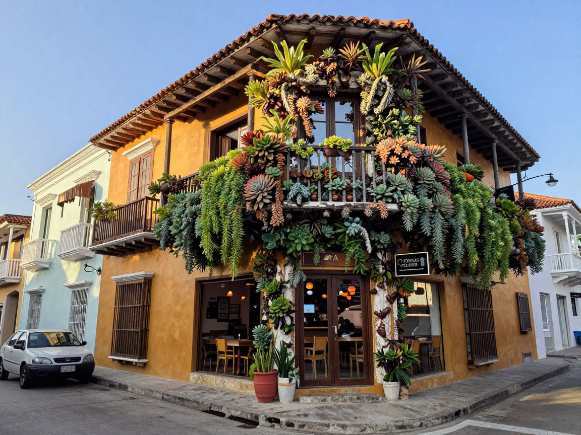 Vibrant Colonial Street Scene in Cartagena Colombia with Living Succulent Wall and Brass Hardware in in Cartagena, Colombia