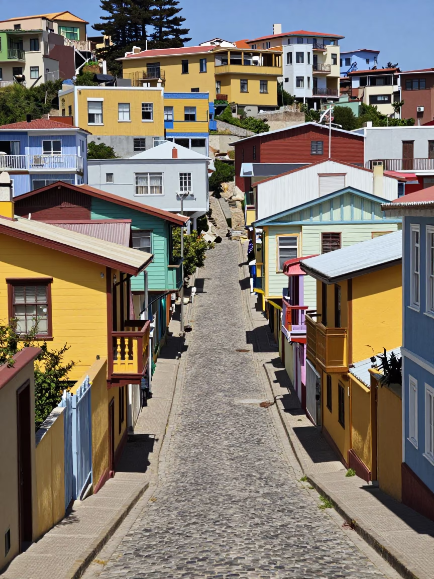 Vibrant Colorful Hillside Houses in Valparaiso Chile Midday Street Scene in in Valparaiso, Chile