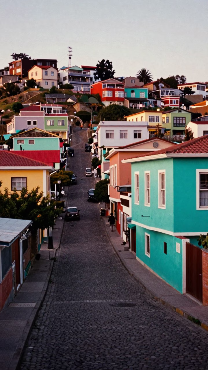 Vibrant Colorful Hillside Neighborhood Street Scene in Valparaiso Chile at Dusk in in Valparaiso, Chile