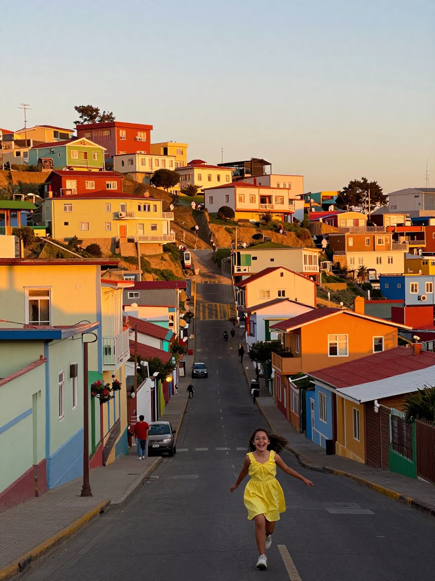 Vibrant Colorful Hillside Streets of Valparaiso Chile in Golden Evening Light in in Valparaiso, Chile