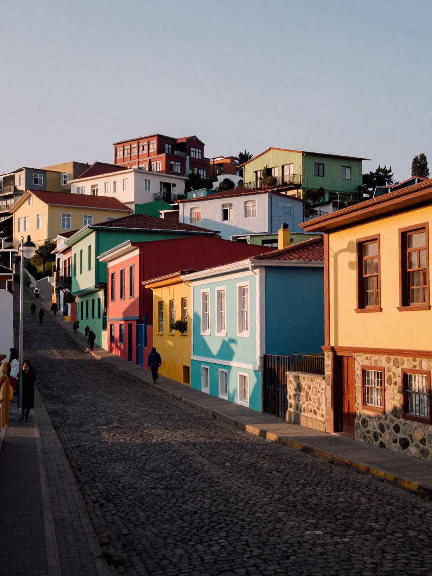 Vibrant Colorful Houses on Steep Cobblestone Street in Valparaiso Chile at Dusk in in Valparaiso, Chile