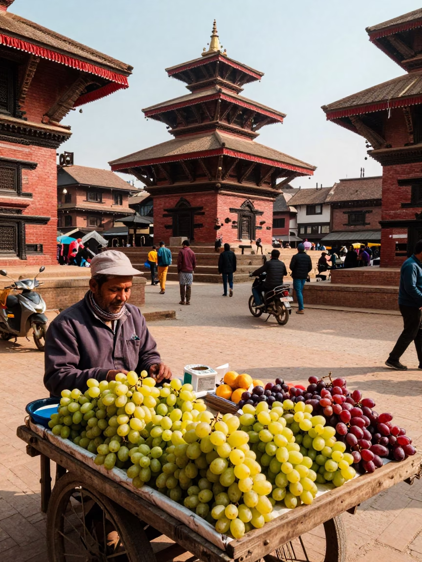 Vibrant Colorful Street Scene in Kathmandu Nepal Late Morning with Local Market Activity in in Kathmandu, Nepal