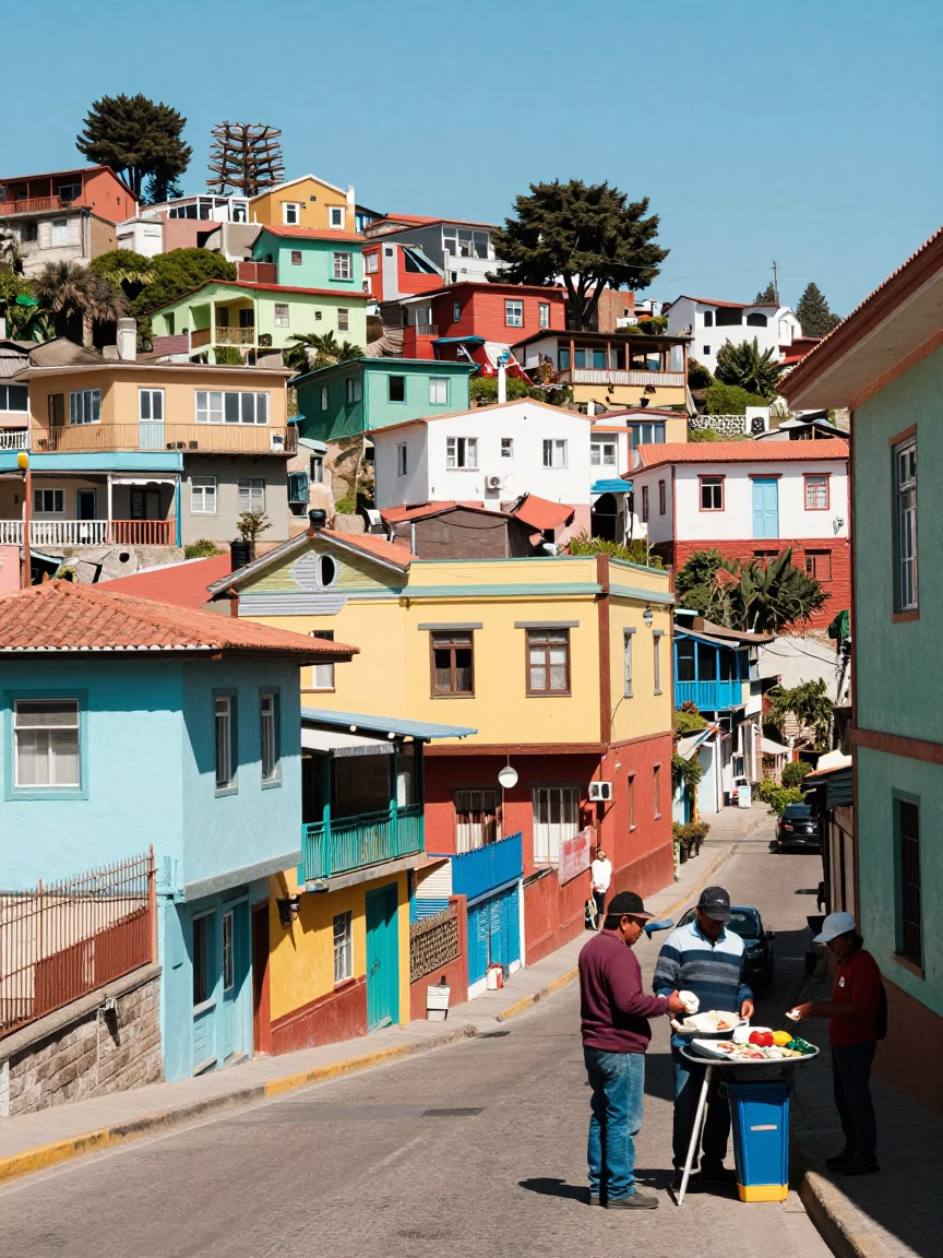 Vibrant Colorful Street Scene in Valparaiso Chile at Midday with Local Life in in Valparaiso, Chile
