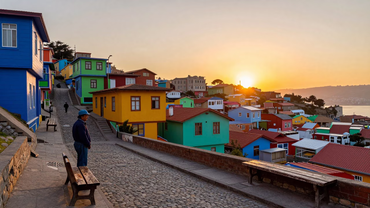 Vibrant Colorful Street Scene in Valparaiso Chile at Sunset with Local Life in in Valparaiso, Chile