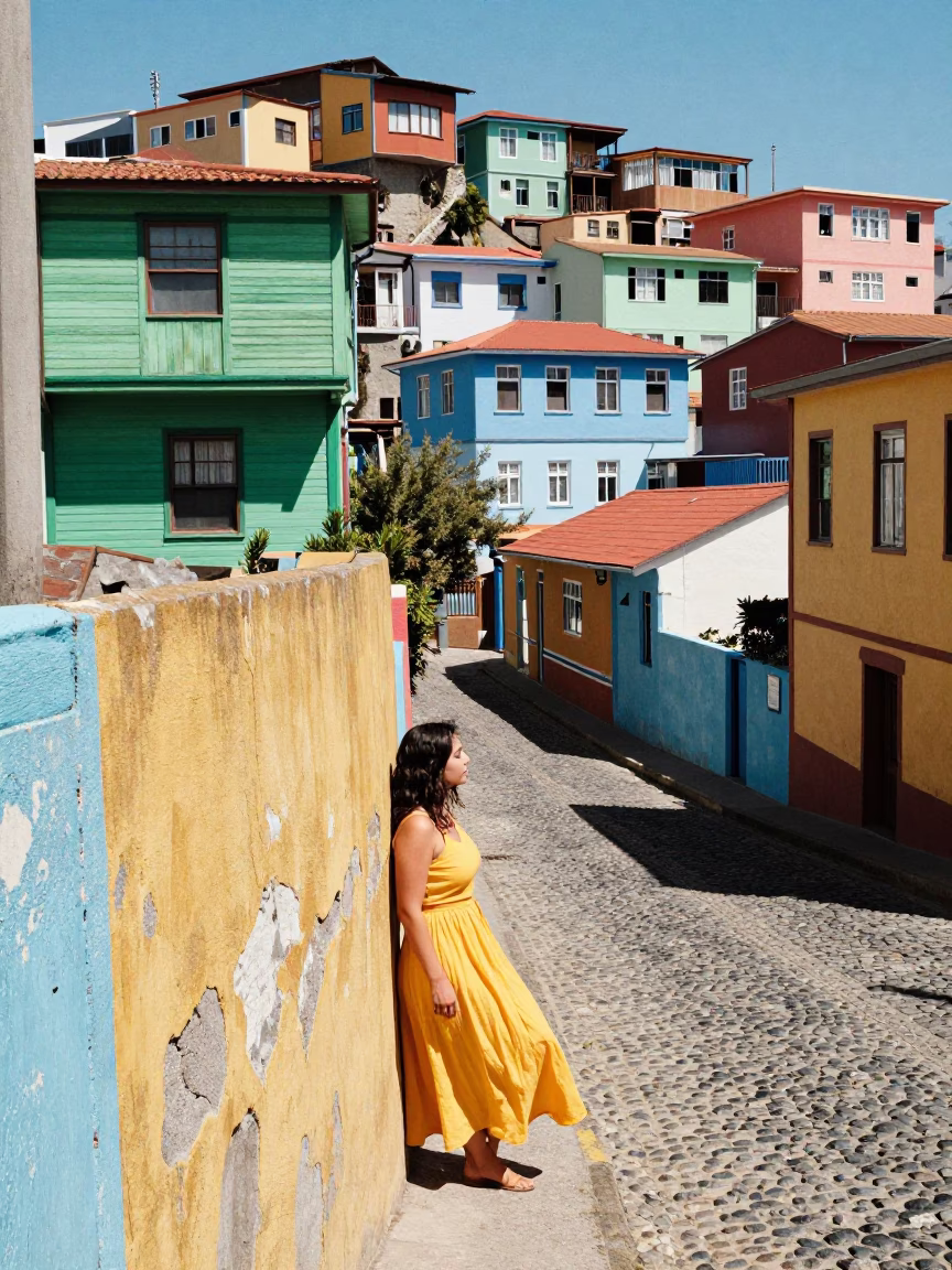 Vibrant Colorful Street Scene in Valparaiso Chile Bright Midmorning Light in in Valparaiso, Chile