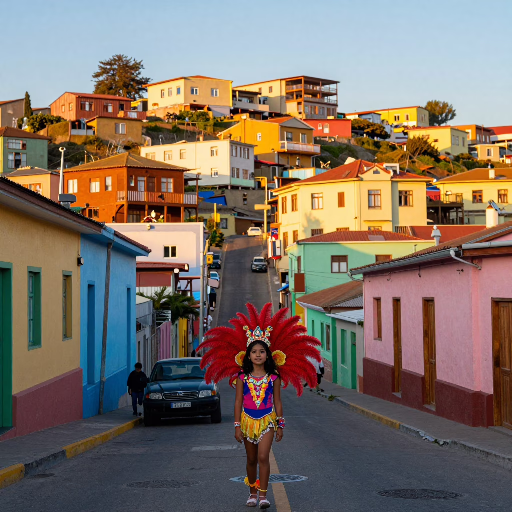 Vibrant Colorful Street Scene in Valparaiso Chile During Golden Hour Before Sunset in in Valparaiso, Chile