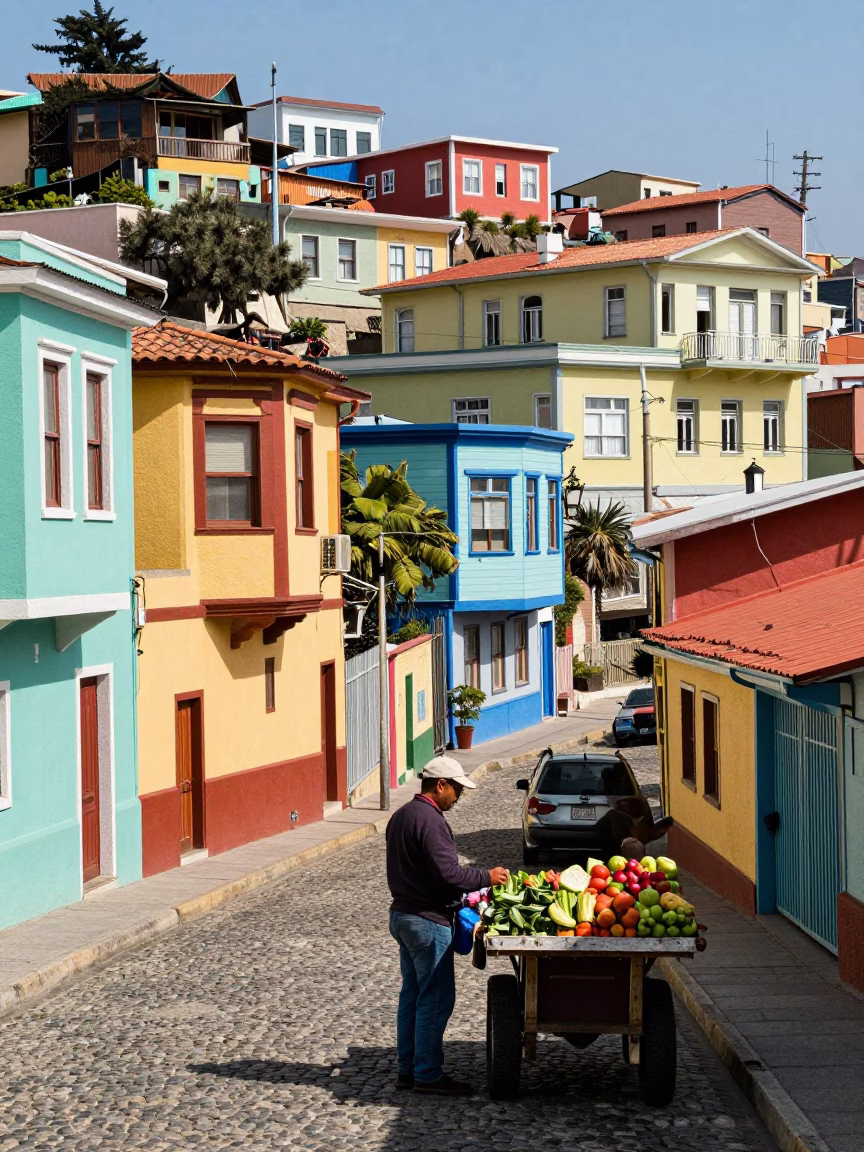 Vibrant Colorful Street Scene in Valparaiso Chile Midmorning Light in in Valparaiso, Chile