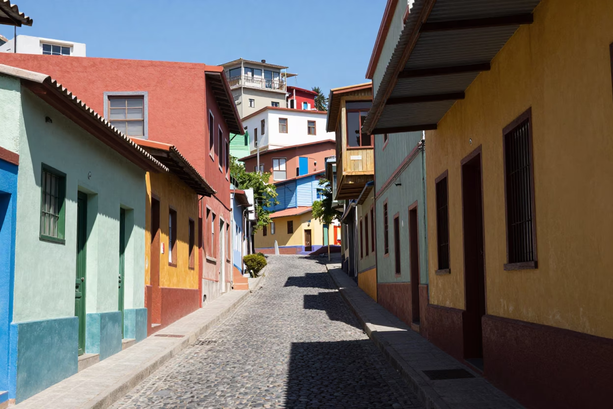 Vibrant Colorful Street Scene in Valparaiso Chile Under Flat Noon Light in in Valparaiso, Chile