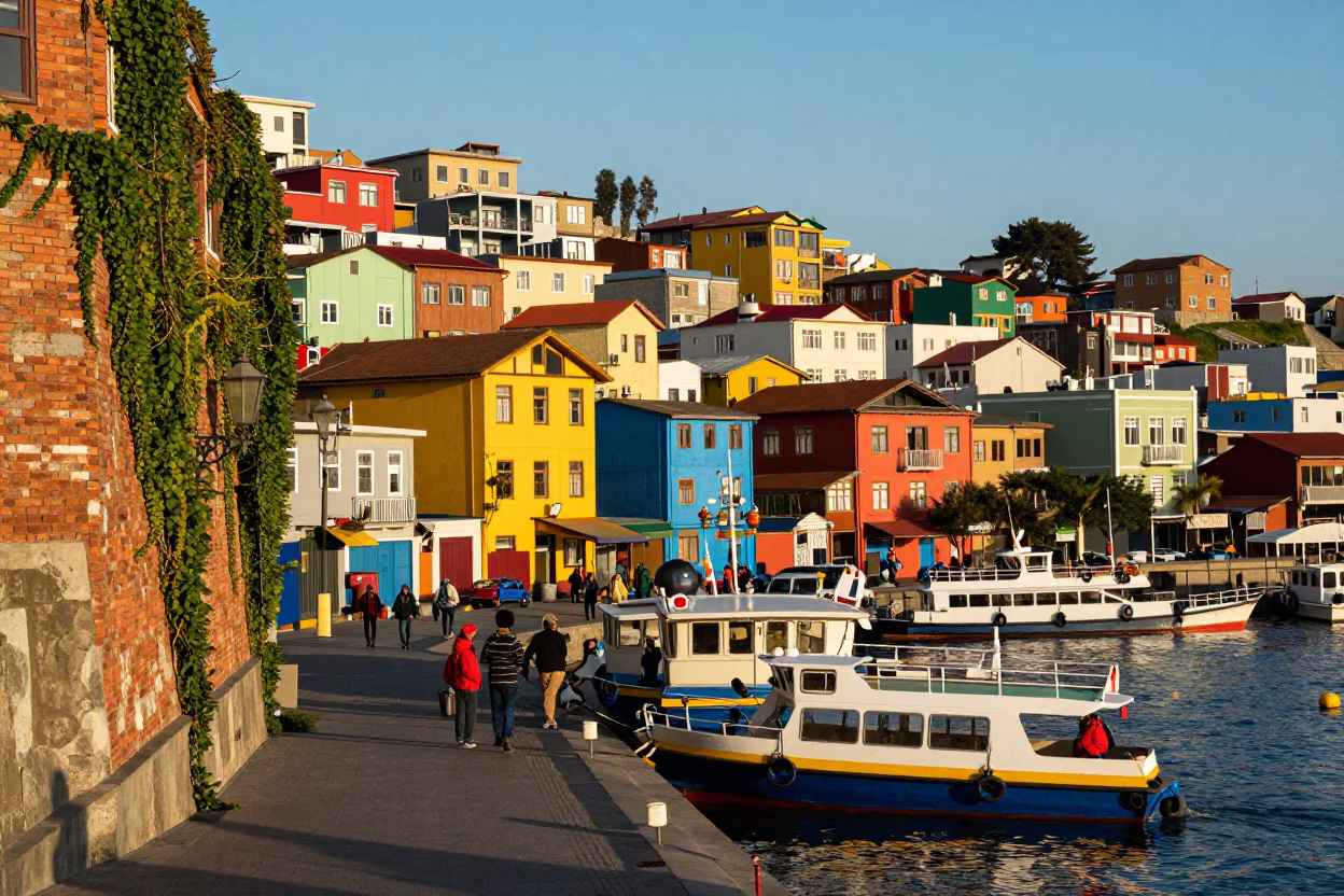 Vibrant Colorful Street Scene in Valparaiso Chile With Water Taxi and Ivy in in Valparaiso, Chile