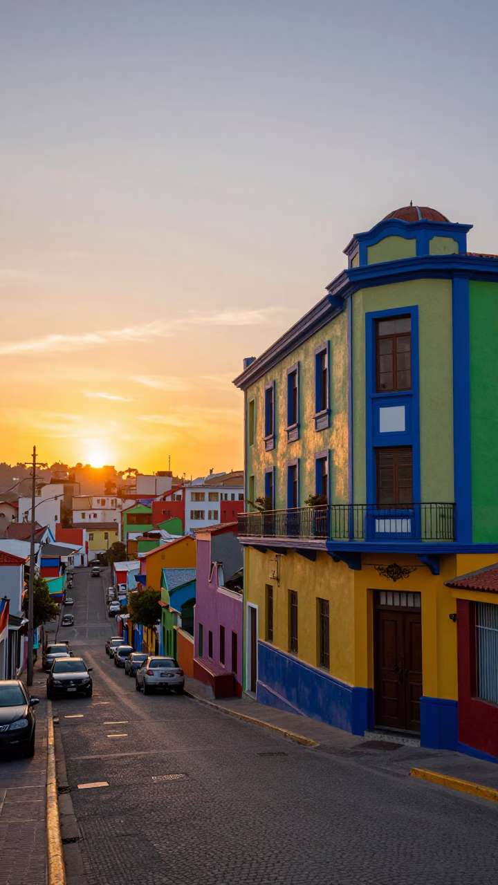 Vibrant Colorful Valparaiso Chile Street Scene at Sunset with Art Deco Hotel Facade in in Valparaiso, Chile