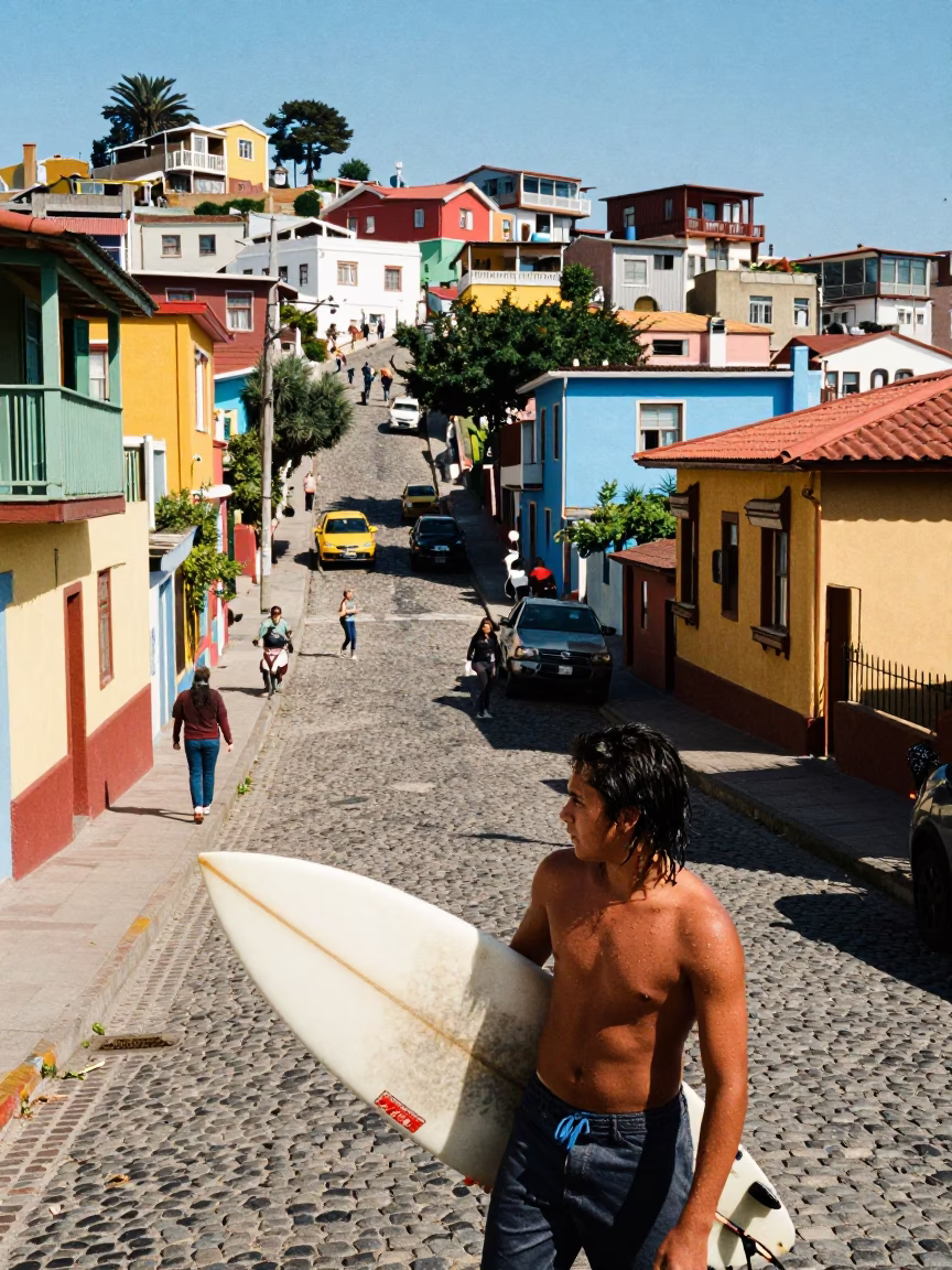 Vibrant Colorful Valparaiso Chile Street Scene Midmorning Light with Local Life in in Valparaiso, Chile