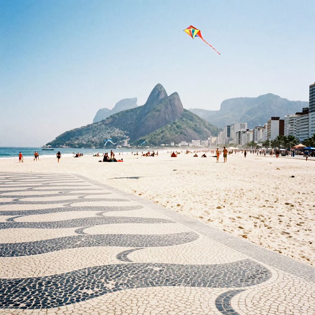 Vibrant Copacabana Sidewalk Mosaic and Kite Flyers in Winter Noon Light in in Rio de Janeiro, Brazil