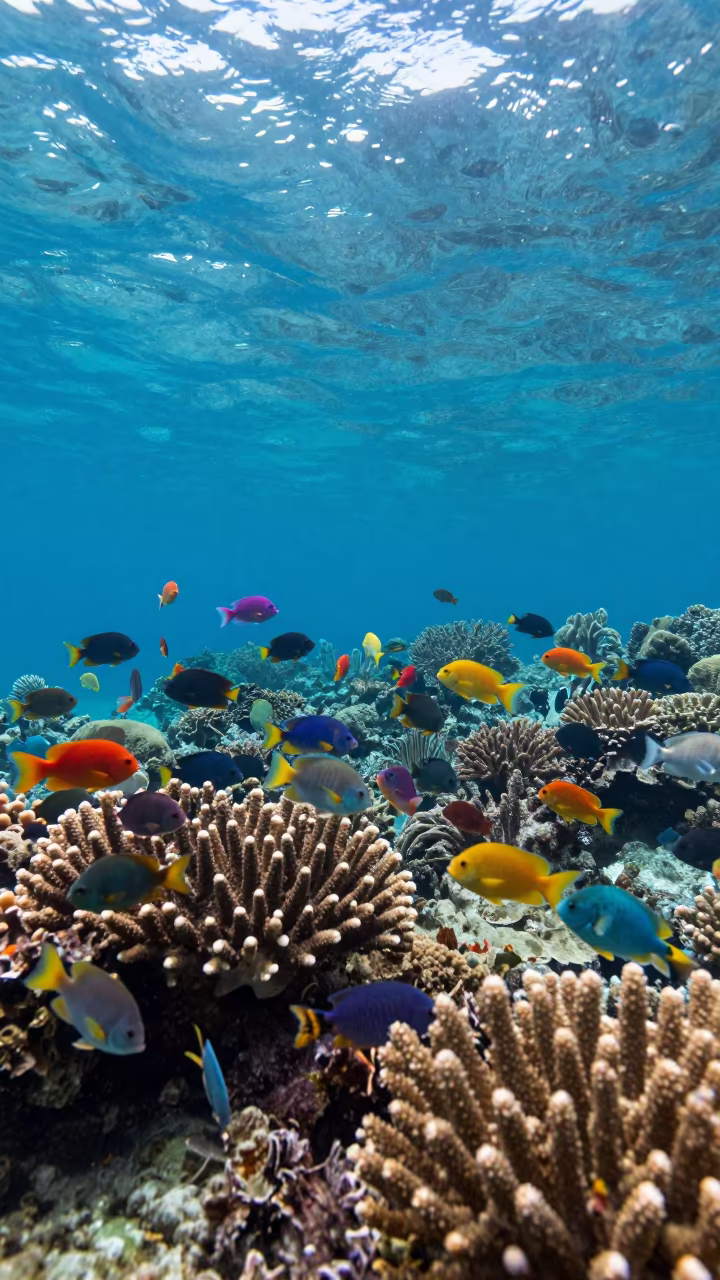 Vibrant Coral Reef Fish School Cairns in along a coral wall with blue water beyond near Cairns