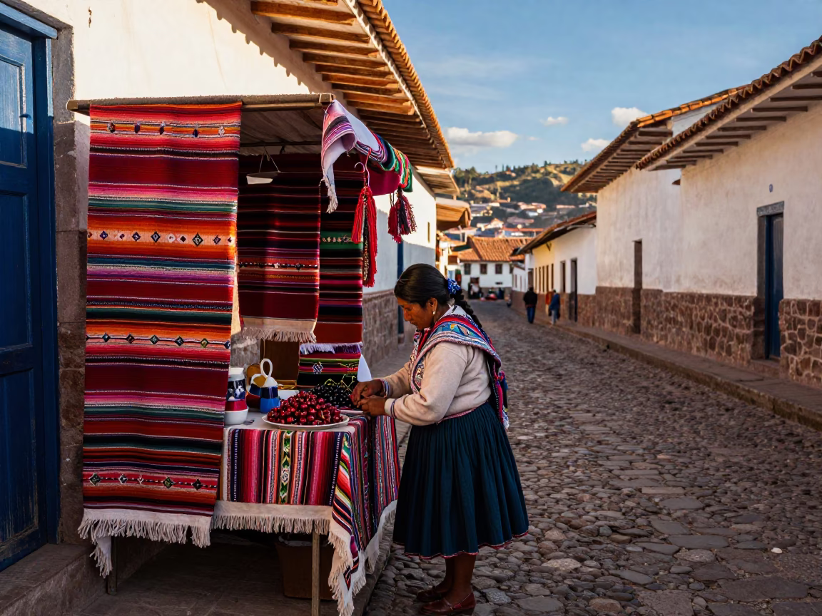 Vibrant Cusco Peru Late Afternoon Street Scene with Traditional Textiles and Local Commerce in in Cusco, Peru