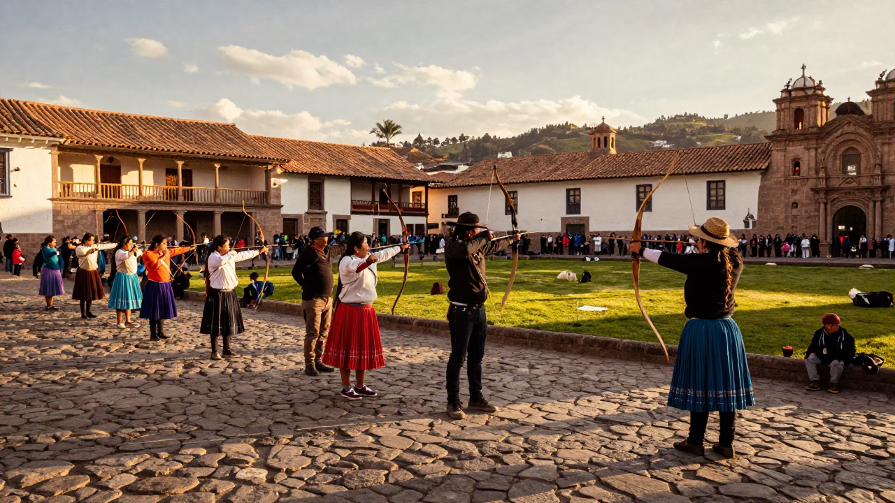 Vibrant Cusco Peru Street Scene with Traditional Archery Contest in Honeyed Evening Light in in Cusco, Peru