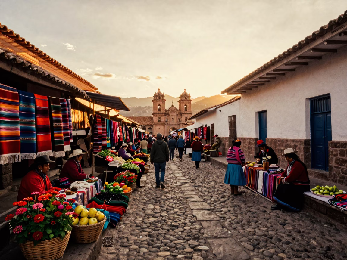 Vibrant Cusco Street Market at Golden Hour with Traditional Textiles and Zinnias in in Cusco, Peru