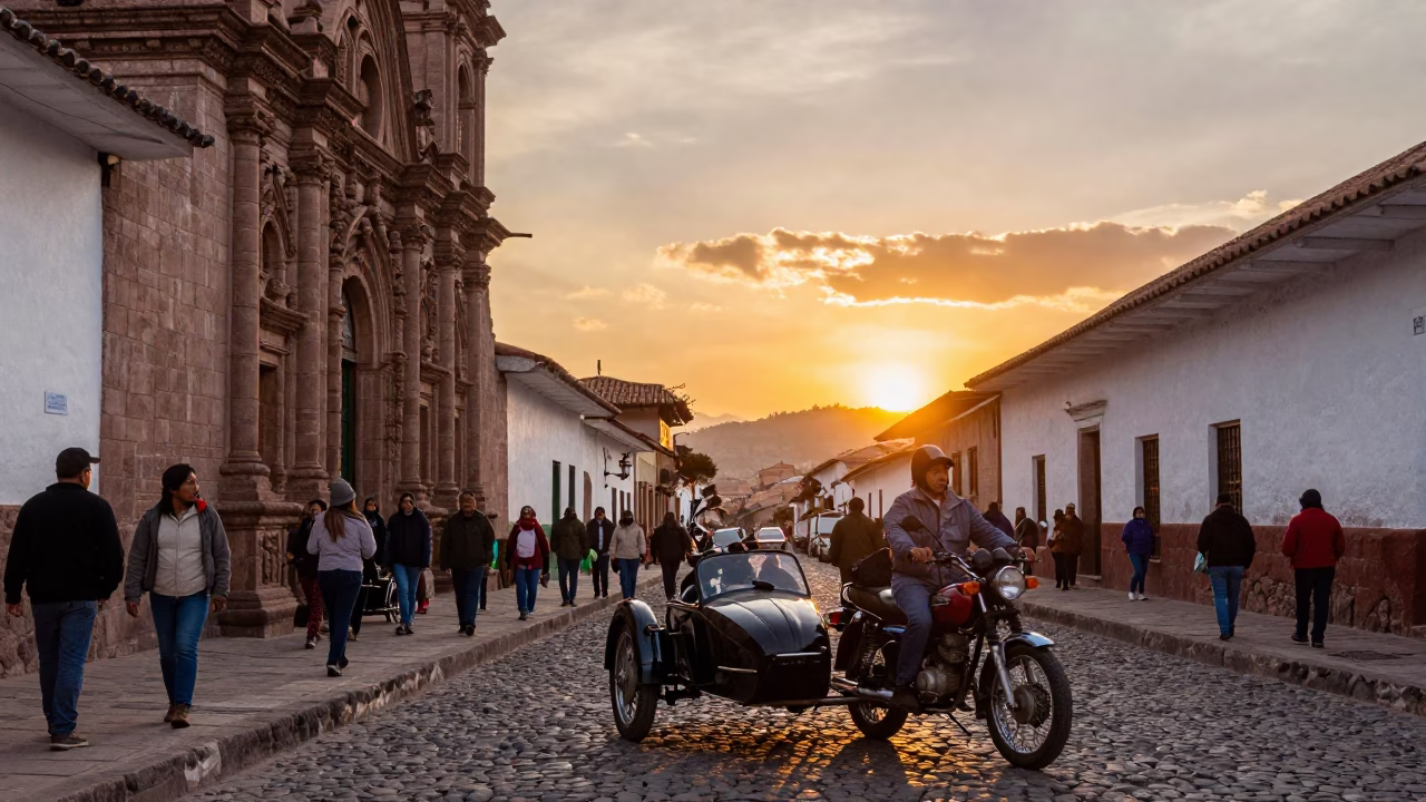 Vibrant Cusco Street Scene at Sunset with Vintage Motorcycle and Local Market Activity in in Cusco, Peru