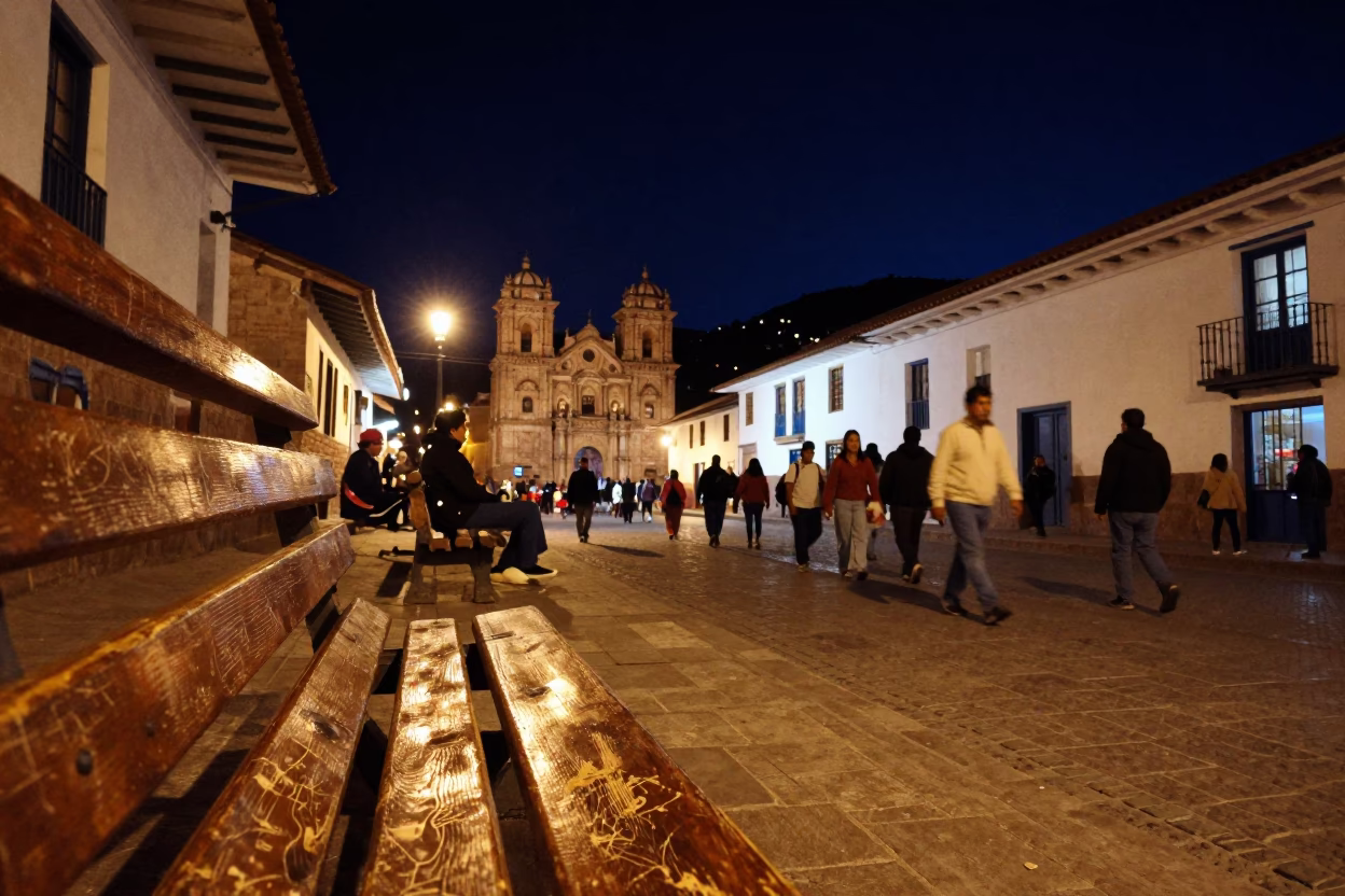 Vibrant Cusco Street Scene Under Deep Night Sky With Local Market Activity in in Cusco, Peru